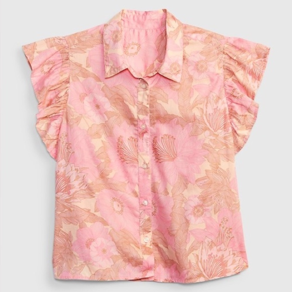 GAP Ruffle Sleeve Cropped Cotton Shirt Pink Floral Women’s Small